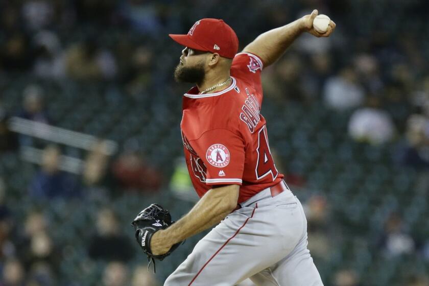 DETROIT, MI - MAY 8: Luis Garcia #40 of the Los Angeles Angels of Anaheim pitches against the Detroit Tigers during the seventh inning at Comerica Park on May 8, 2019 in Detroit, Michigan. The Tigers defeated the Angels 10-3. (Photo by Duane Burleson/Getty Images) ** OUTS - ELSENT, FPG, CM - OUTS * NM, PH, VA if sourced by CT, LA or MoD **