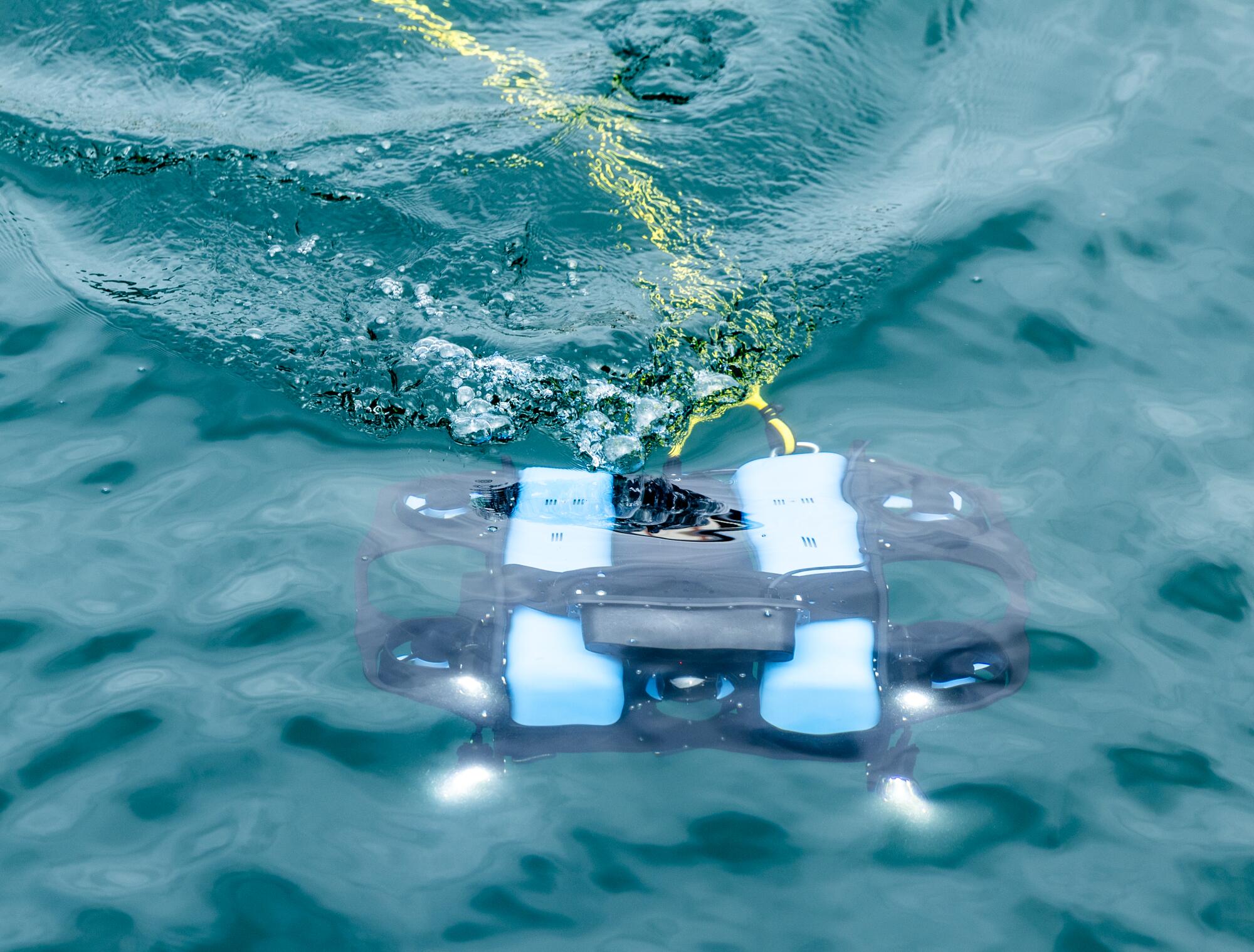 BlueROV2, a high-performance remotely operated vehicle (ROV) that can be used for inspection, research, and adventure,