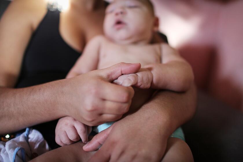 An infant born with microcephaly is held by his mother in Recife, Brazil.