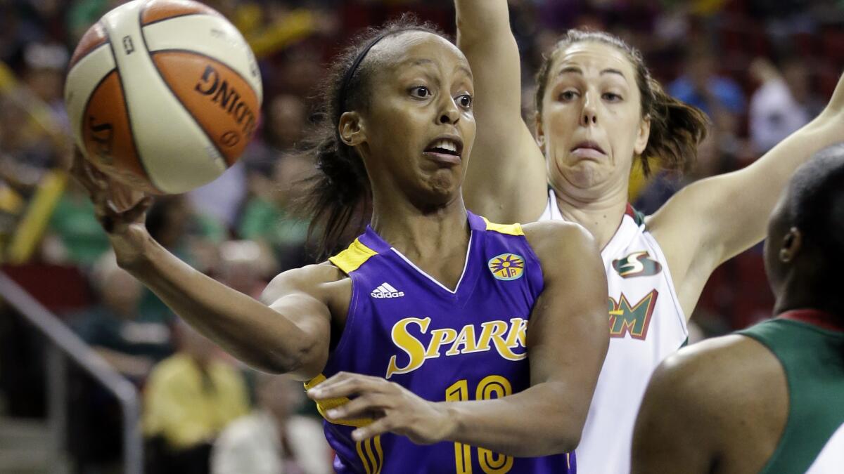 Sparks guard Lindsey Harding makes a pass during a win over the Seattle Storm on May 16. The Sparks play host to the Chicago Sky on Tuesday.