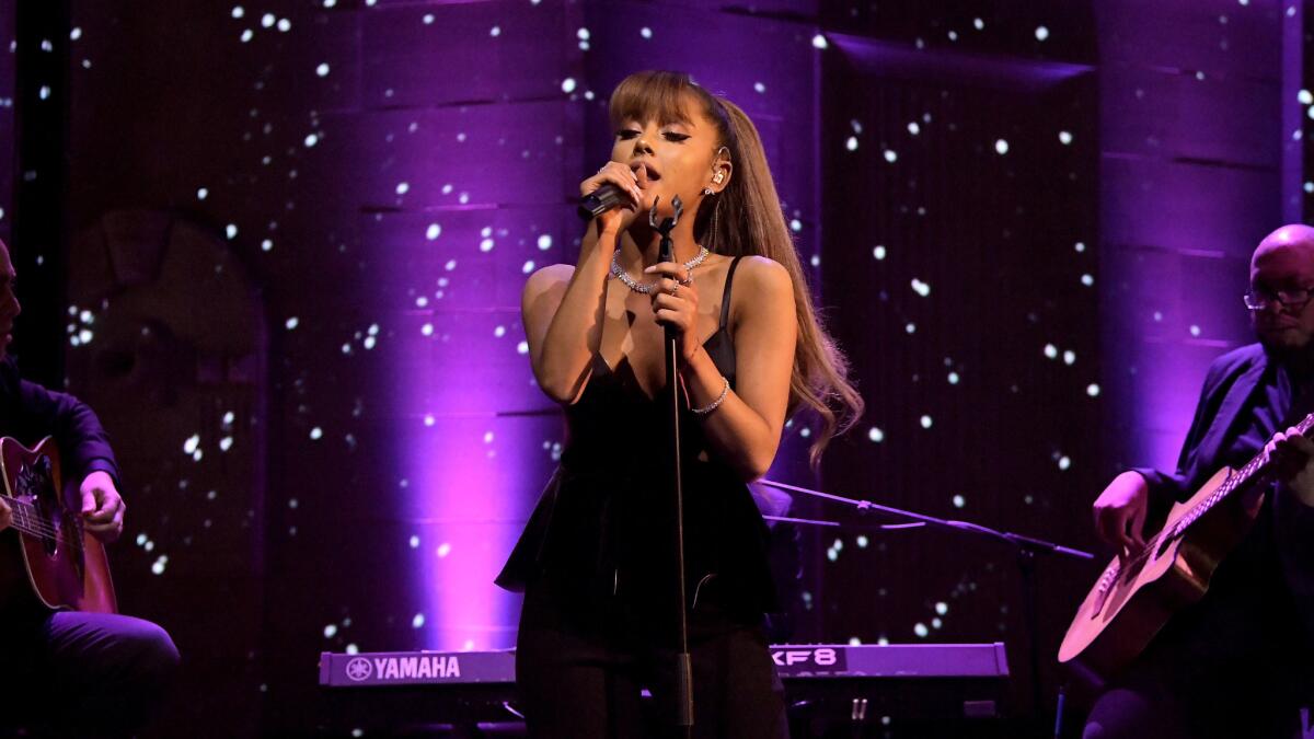 Ariana Grande performs a three-song set at the Tiffany & Co. bash celebrating the official unveiling of the recently renovated Rodeo Drive boutique.