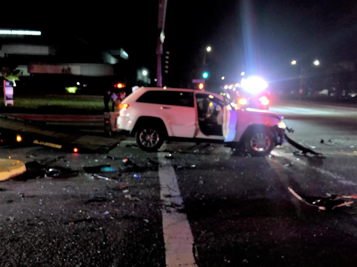An SUV was one of two vehicles involved in a collision Saturday night near Harbor Boulevard and South Coast Drive.