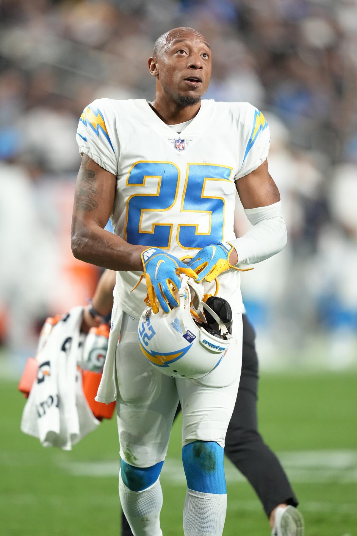 Chargers cornerback Chris Harris  walks off the field in Las Vegas.