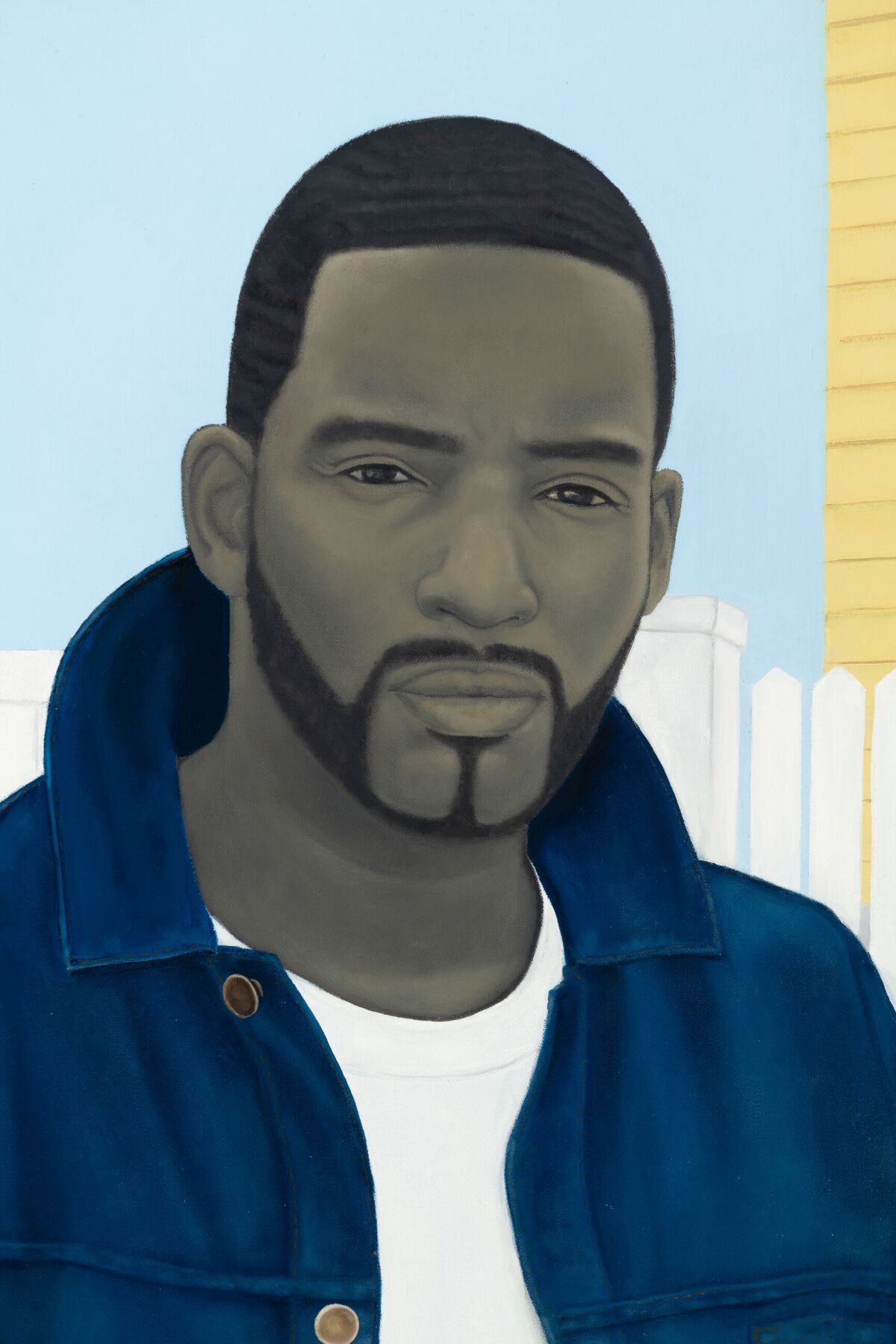 A detail from an Amy Sherald painting depicting a man, with a beard and hair waves, wearing a blue jacket and white T-shirt