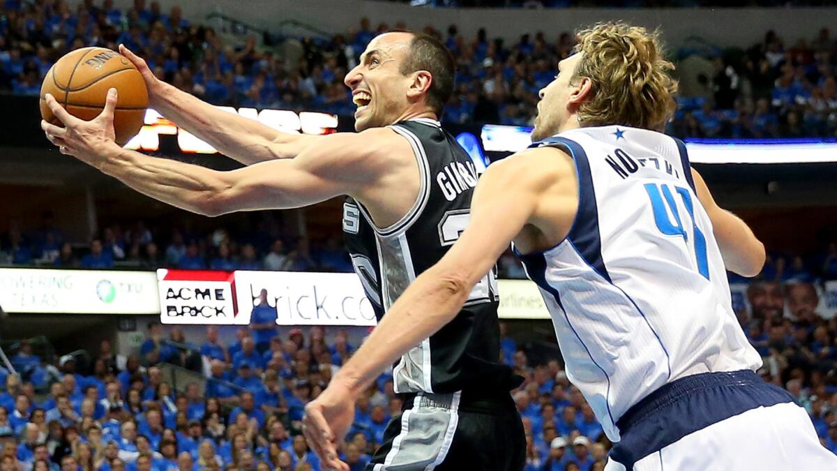 San Antonio Spurs guard Manu Ginobili, left, puts up a shot in front of Dallas Mavericks center Dirk Nowitzki during the the Spurs' 93-89 win in Game 4 of the NBA Western Conference quarterfinals on Monday.