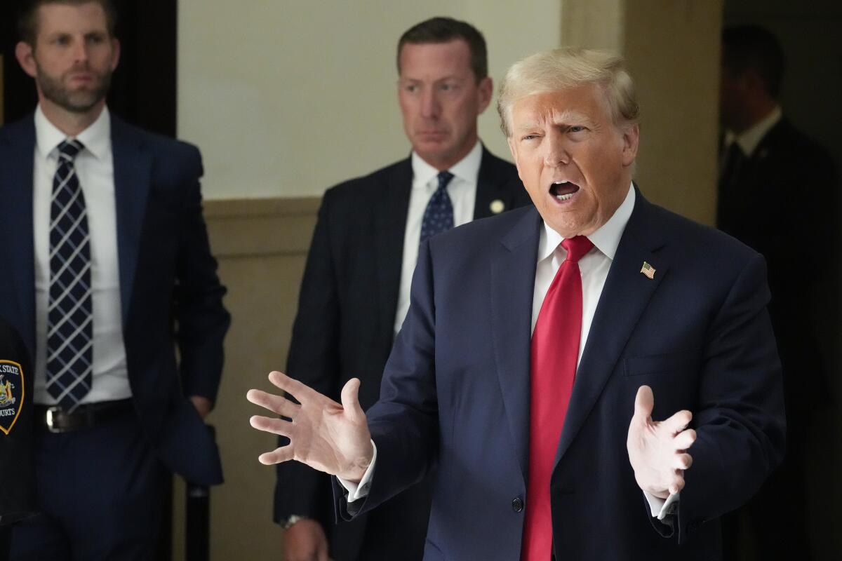 Donald Trump gestures while speaking 
