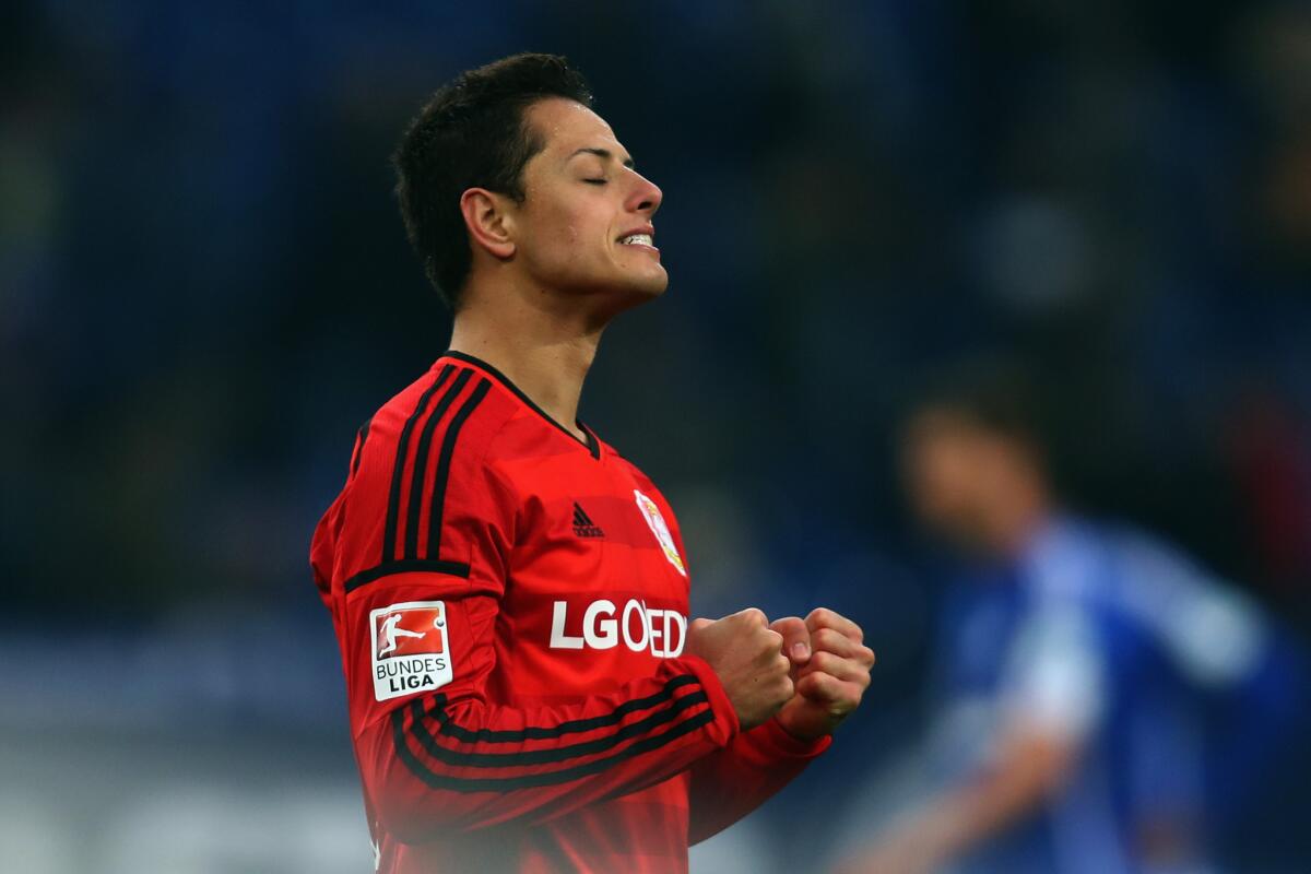 Bayern Leverkusen forward Javier Hernandez celebrates after the Bundesliga match against FC Schalke 04 on Apr. 23.