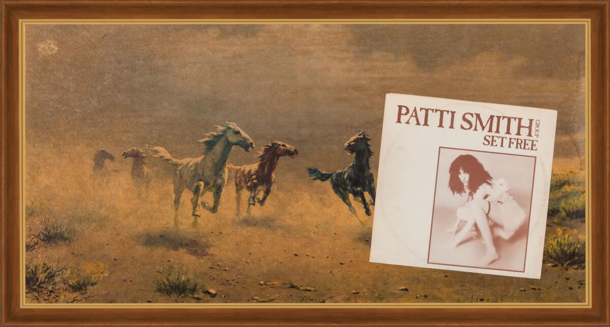 A Patti Smith record album cover sits a top of an image of horses running free.