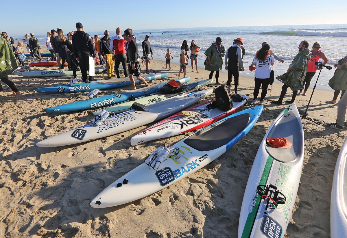 Ocean paddeboards arrive to the beach from the Operation Open Water endurance paddle.