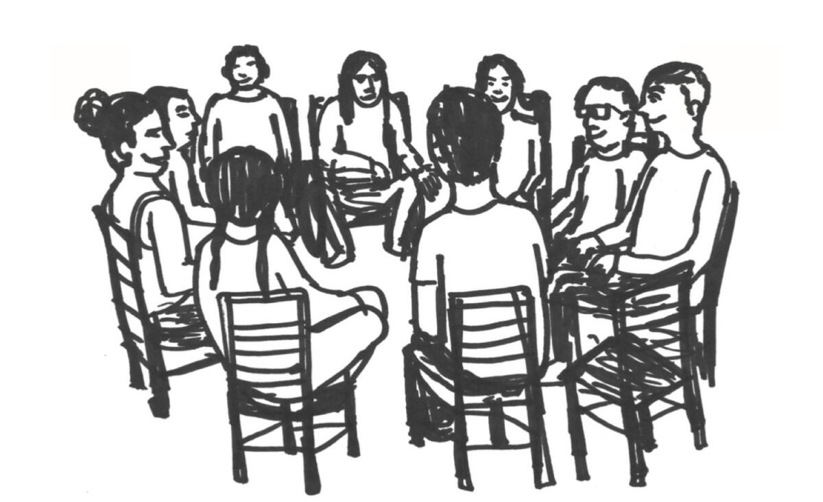 Black and white sketch of a group of people sitting in chairs in a circle