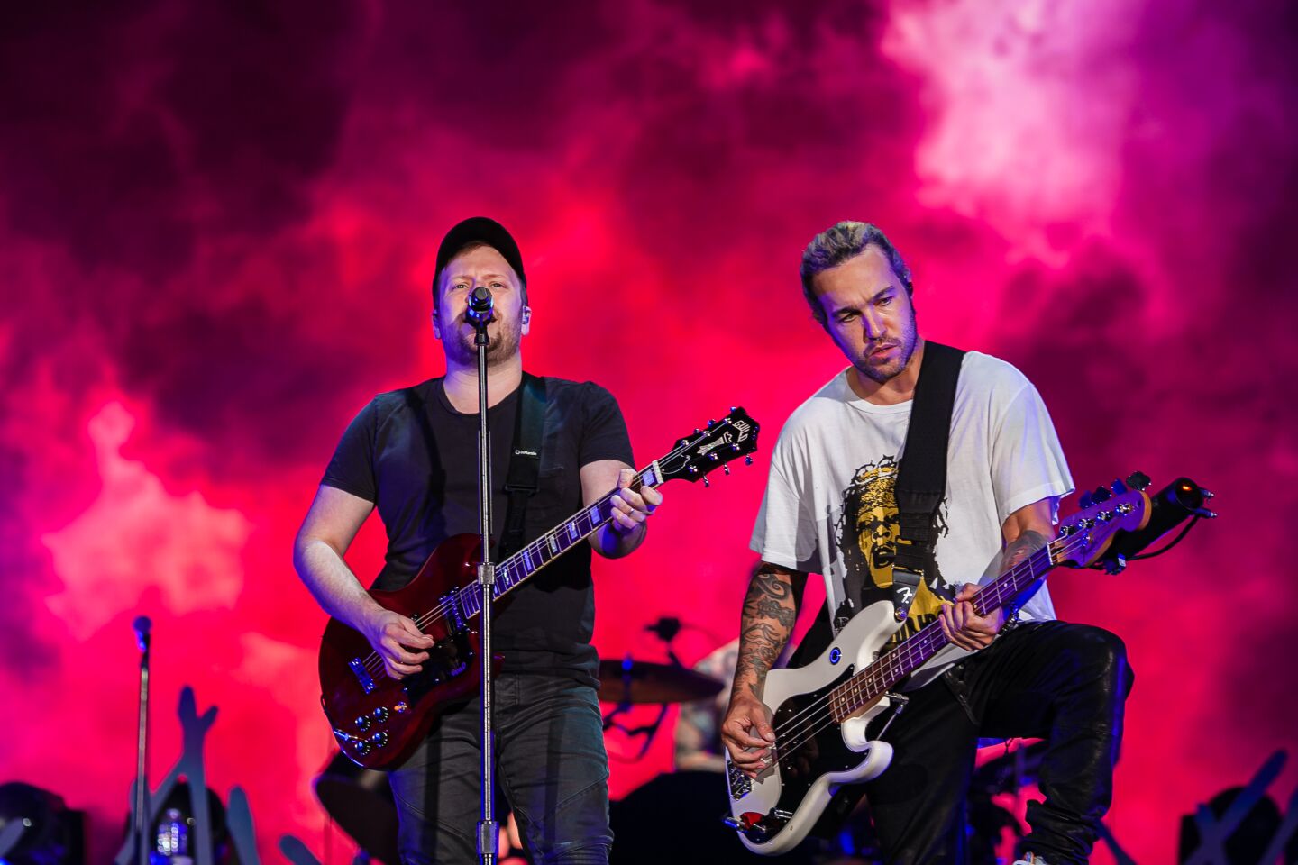 Singer Patrick Stump and Bassist Pete Wentz of Fall Out Boy during the Hella Mega Tour in downtown San Diego on August 29, 2021.