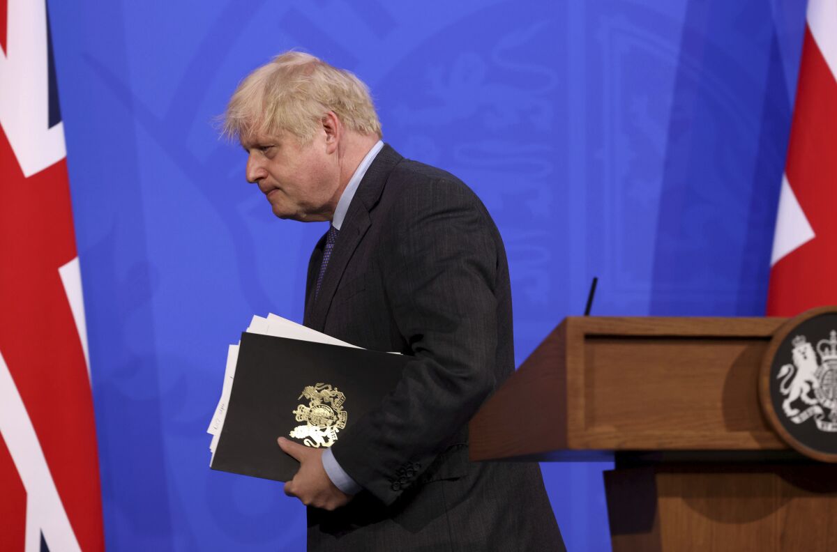 Britain's Prime Minister Boris Johnson at a media briefing in London.