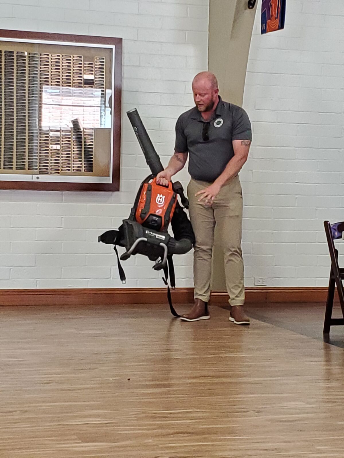 Ben Colton of Nissho of California discusses the battery-operated leaf blower that will be rolled out in La Jolla by Aug. 1.