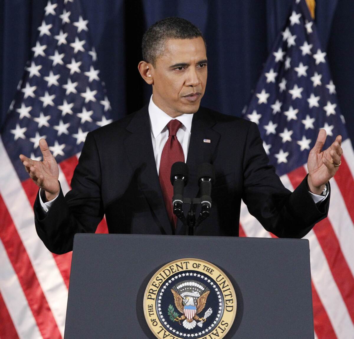 President Obama is seen delivering his address on Libya at the National Defense University in Washington on March 28, 2011. On Thursday, he will speak at the university to address the issue of drones.