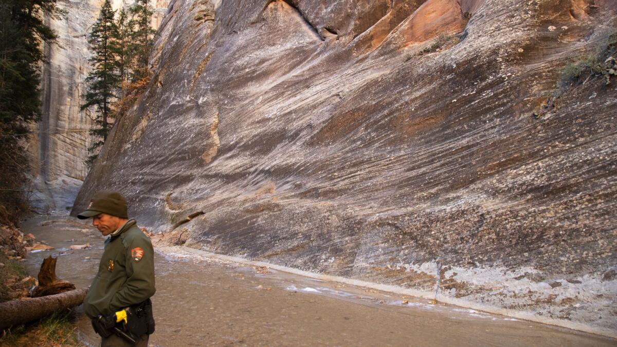 Park Ranger Tim Knaus stands near the spot where "No Trespassing" signs were posted just outside Zion National Park's northern border.