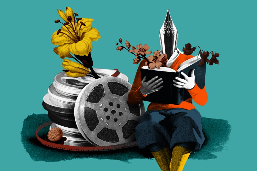 Illustration suggests the written word and film reels