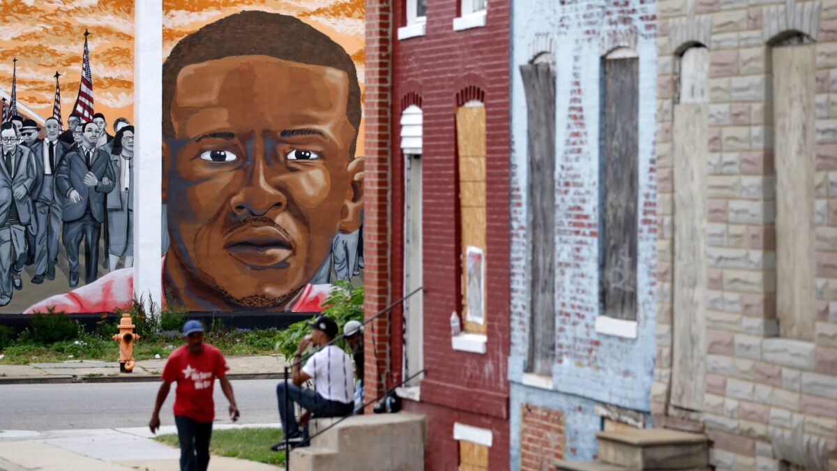 A mural depicting Freddie Gray at the Baltimore intersection where he was arrested in 2015.