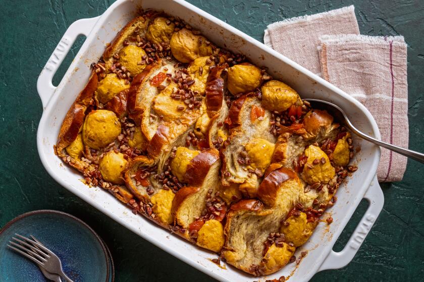 LONG BEACH, CA - OCTOBER 4: Capirotada (a quince bread pudding) ready to serve at the home of Paola Briseno Gonzalez on Friday October 4, 2024 in Long Beach, CA. (Ron De Angelis / For The Times)