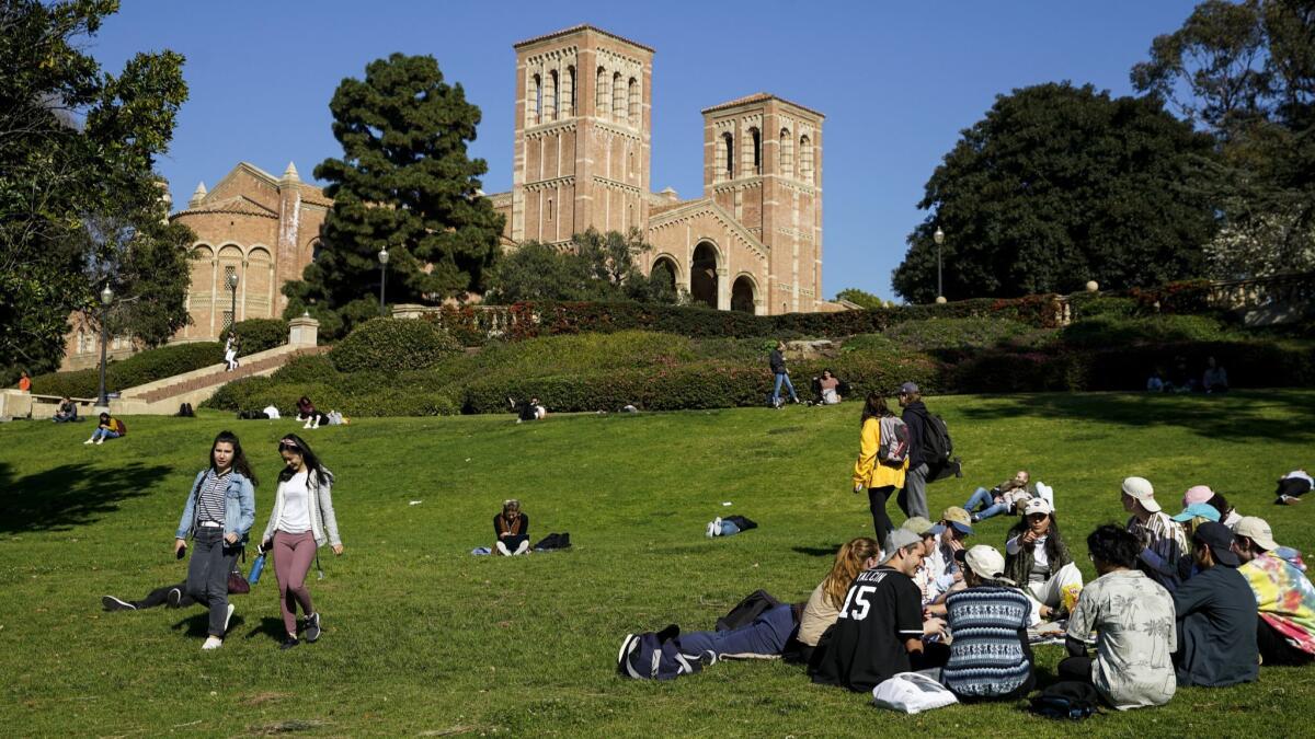Students hang at the University of California, Los Angeles campus in Westwood on Feb. 8.