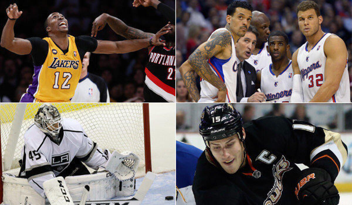 Clockwise from top left: Dwight Howard and the Lakers are struggling just to make the playoffs; the Clippers -- including Matt Barnes, left, Coach Vinny Del Negro, Lamar Odom, Chris Paul and Blake Griffin -- have won the most games in team history; backup goalie Jonathan Bernier has helped the Kings turn their season around; Ducks captain Ryan Getzlaf is playing more like himself this season.