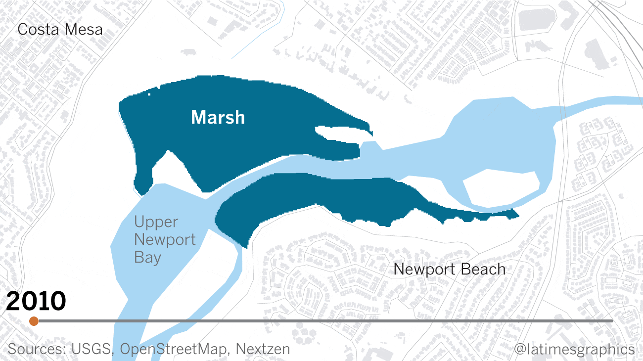 Animated map showing a marsh in Newport Beach slowly vanishing over the next century