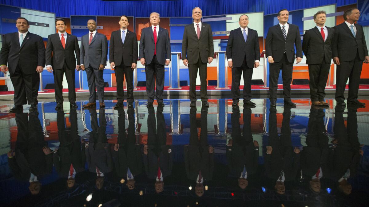 Republican presidential candidates take the stage in Cleveland before the prime-time debate: from left, Chris Christie, Marco Rubio, Ben Carson, Scott Walker, Donald Trump, Jeb Bush, Mike Huckabee, Ted Cruz, Rand Paul and John Kasich.