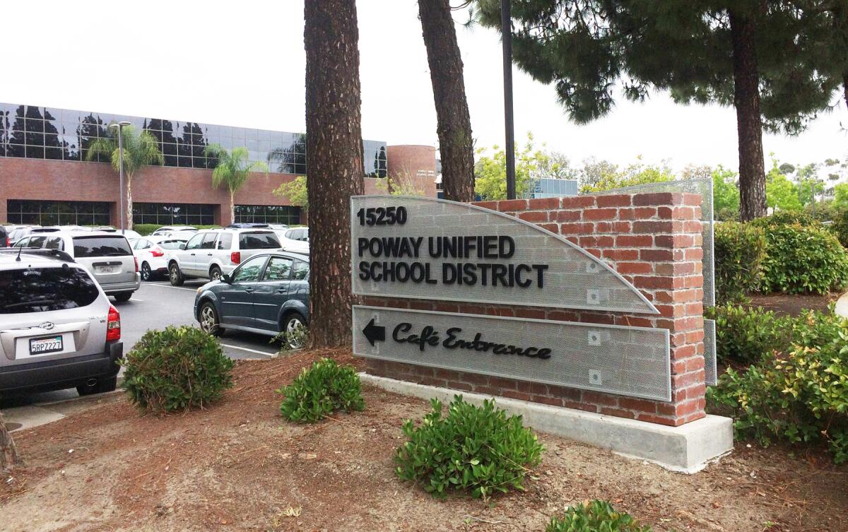 A view of the exterior sign at the Poway Unified School District offices