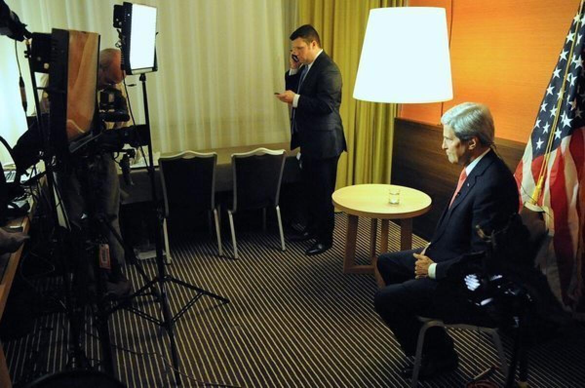 U.S. Secretary of State John F. Kerry in Geneva, Switzerland, on Sunday as he prepares for three news show appearances after the P5+1 member nations concluded negotiations with Iran about its nuclear capabilities.