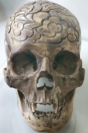 The carved Tibetan monk skull, described as a symbol of devotion and a reminder of mortality, at Trove in Laguna Beach.