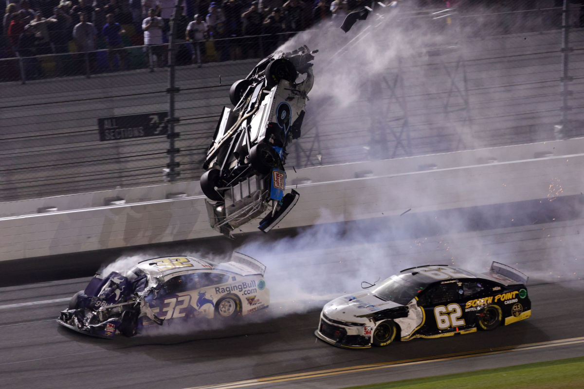 Ryan Newman flips over as he crashes at the end of the Daytona 500 on Feb. 17, 2020. 