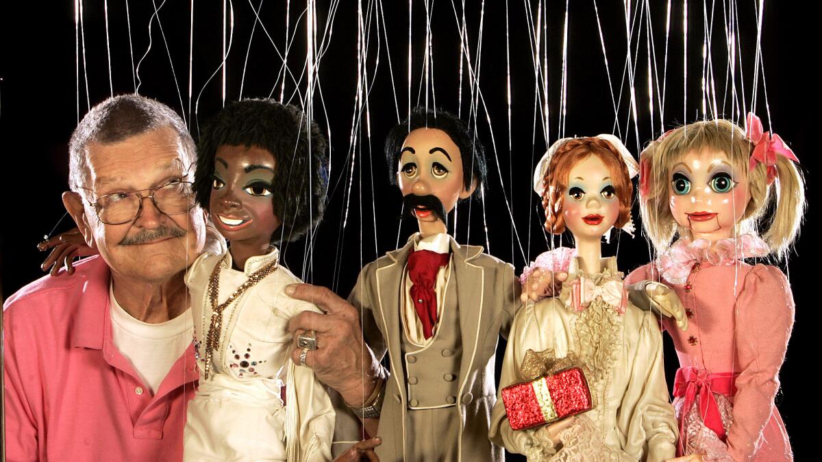 Bob Baker in 2008 with some of his marionettes.