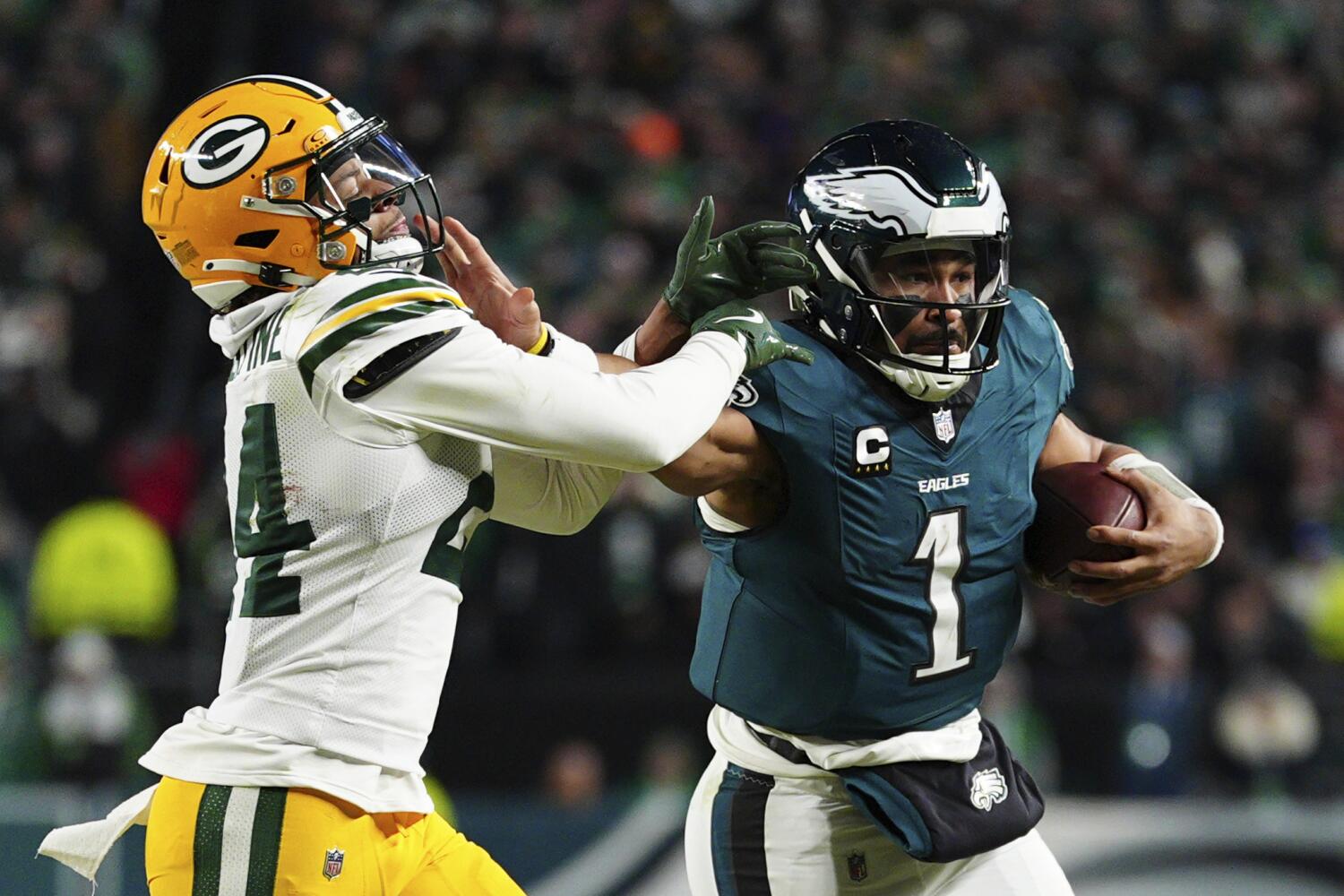 Philadelphia Eagles quarterback Jalen Hurts (1) in action during an NFL football game against the Green Bay Packers, Sunday, Jan. 12, 2025, in Philadelphia. (AP Photo/Derik Hamilton)
