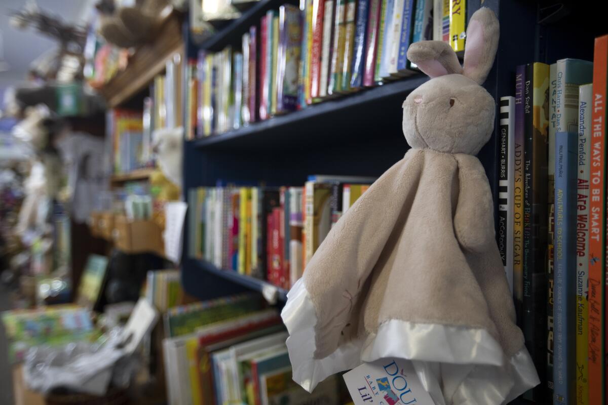 A bunny puppet hangs on a bookstore bookshelf. 
 
