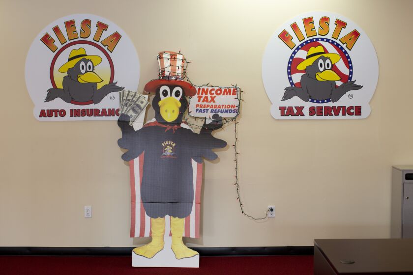 Los Angeles - Wednesday, Dec. 18 A cutout of Max the Magpie at Fiesta Auto Insurance at the intersection of Leonard Avenue and Whittier Boulevard on Wednesday, Dec. 18, 2019. (Photographs by Gabriella Angotti-Jones/Los Angeles Times)