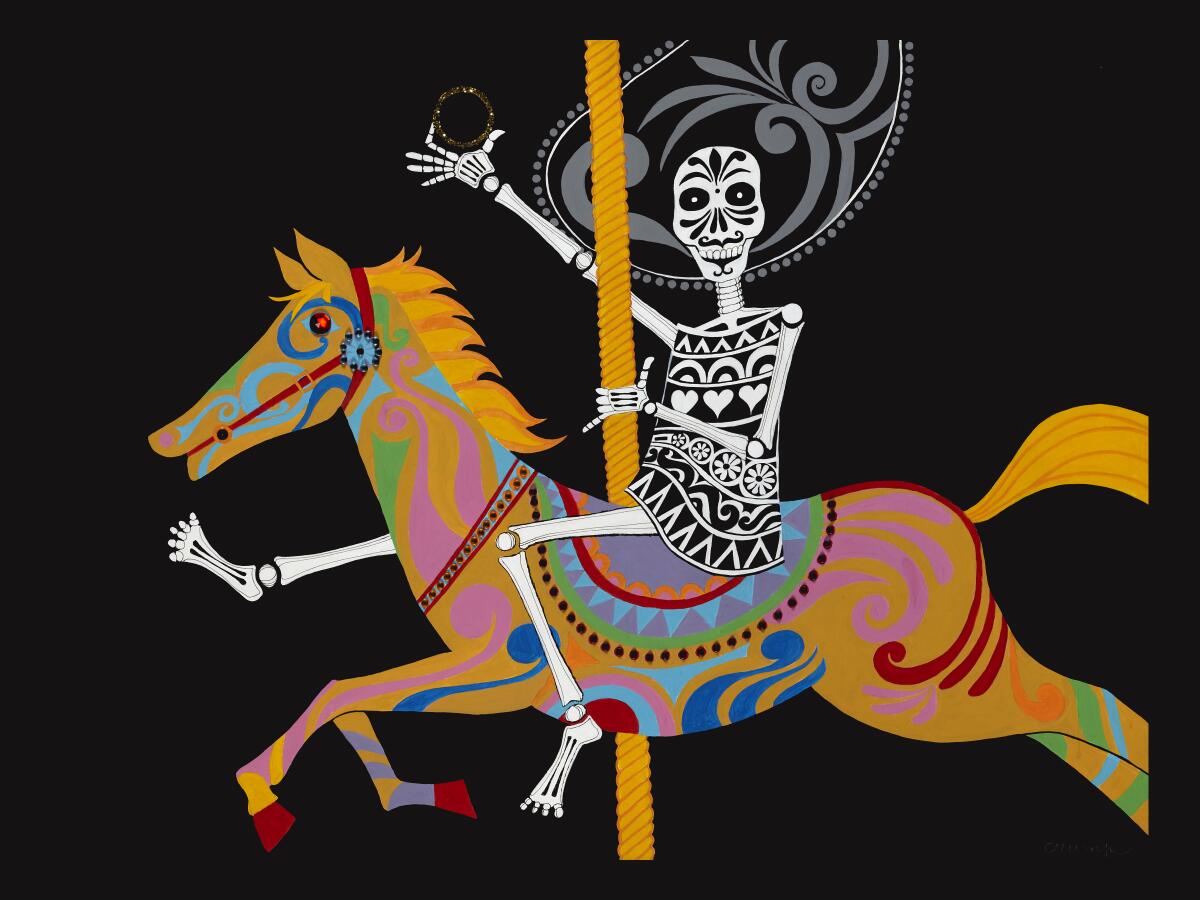 A painting of a skeleton riding a colorful carousel horse.