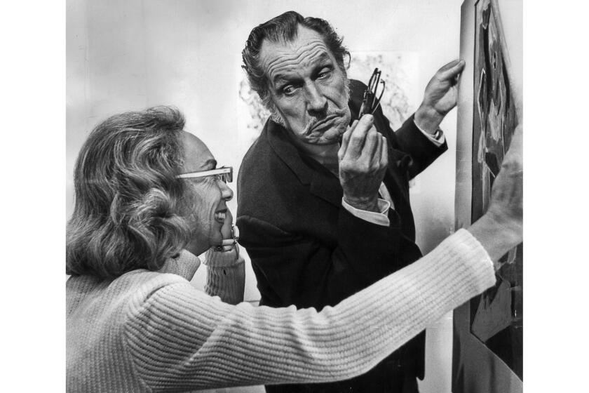 Nov. 30, 1972: Actor Vincent Price and Mrs. Joan F. Hood exchange animated comments about art at preholiday sale sponsored by Friends of the Junior Arts Center at Barnsdall Park. This photo appeared in the Dec. 5, 1972, Los Angeles Times.