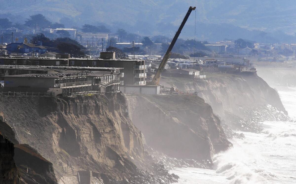 A damaged coastline of crumbling cliffs is theatening homes, apartment buildings and businesses in Pacifica, Calif.