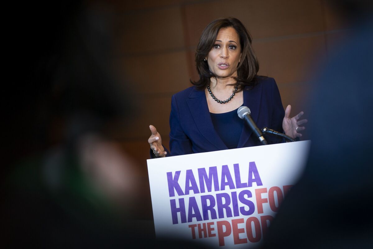 U.S. Sen. Kamala Harris (D-CA) speaks to reporters after announcing her candidacy for President at Howard University in 2019.