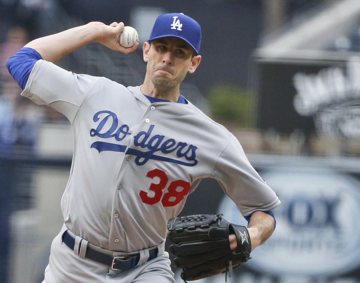 Dodgers starting pitcher Brandon McCarthy throws in his last start against the Padres.