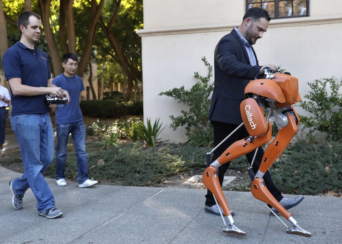 Caltech professor Aaron Ames walks on campus alongside Cassie, a semi-autonomous robot, as doctoral student Jacob Reher, left, controls the direction that Cassie travels. The robot's balance and gait are autonomous.