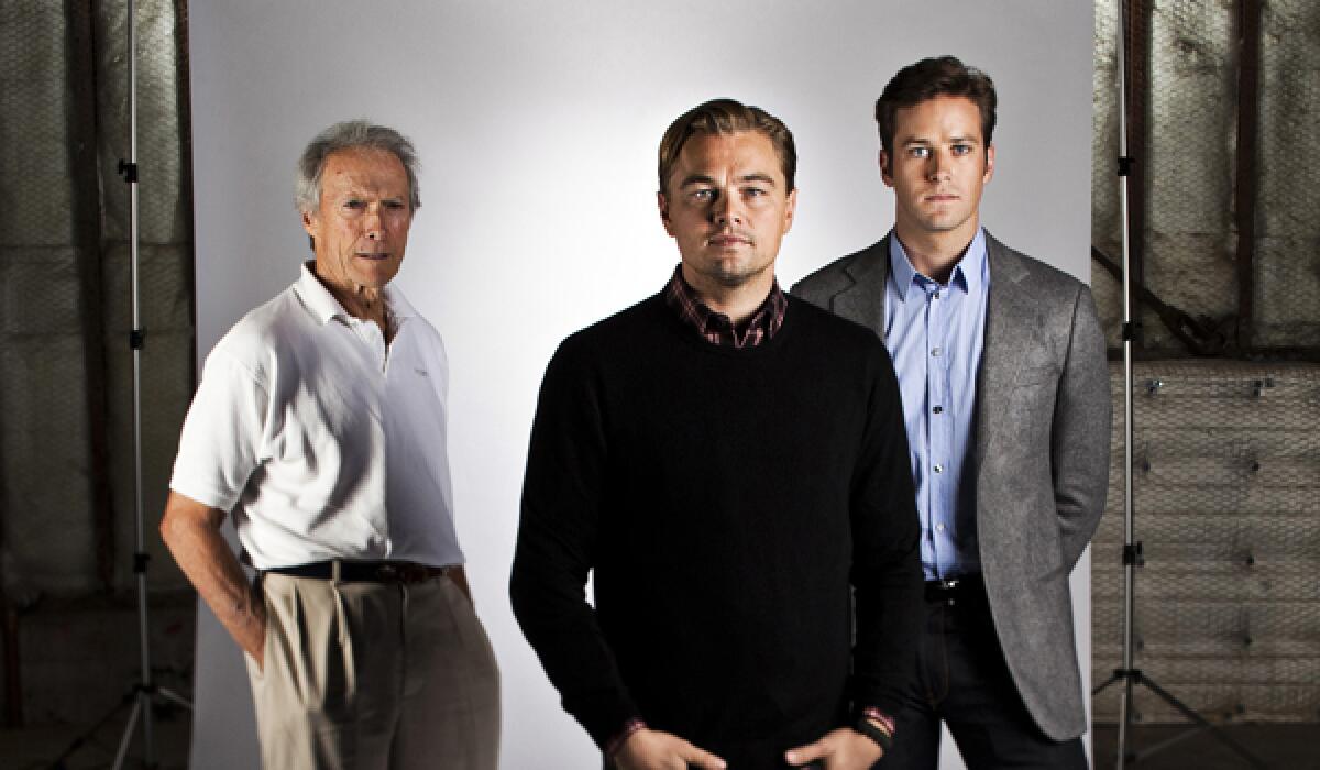 Director Clint Eastwood, left, and actors Leonardo DiCaprio and Armie Hammer of "J. Edgar."