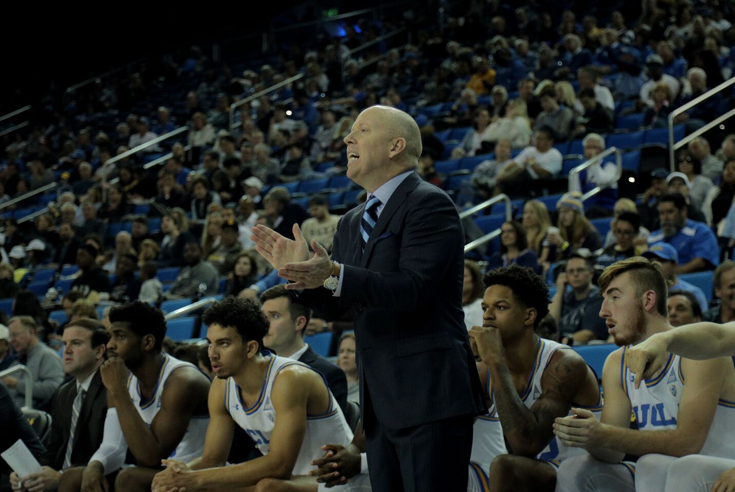 UCLA coach Mick Cronin calls out a play during the Bruins' game against Cal State Fullerton.
