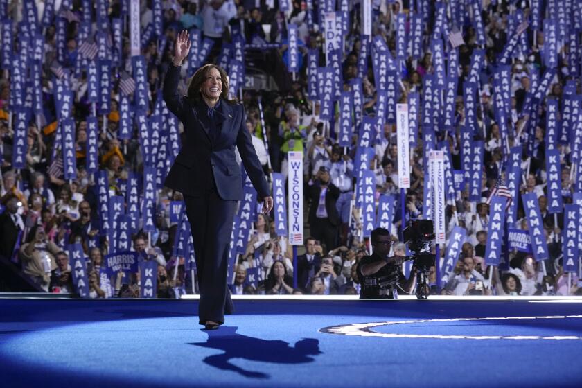 Democratic presidential nominee Vice President Kamala Harris arrives to speak on the final day of the Democratic National Convention, Thursday, Aug. 22, 2024, in Chicago. (AP Photo/Jacquelyn Martin)