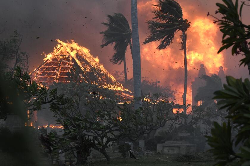 FILE - Waiola Church and nearby Lahaina Hongwanji Mission are engulfed in flames along Wainee Street, Aug. 8, 2023, in Lahaina, Hawaii. The parties in lawsuits seeking damages for last year’s Maui wildfires have reached a $4 billion global settlement, a court filing said Friday, Aug. 2, 2024. The agreement comes nearly one year after the deadliest U.S. wildfire in more than a century killed 102 people and destroyed the historic downtown area of Lahaina on Maui. (Matthew Thayer/The Maui News via AP, File)