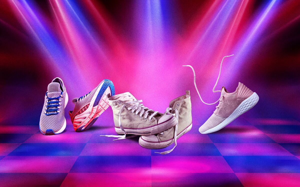 Illustration of dancing tennis shoes on a colorful dance floor with a spotlight shining on them