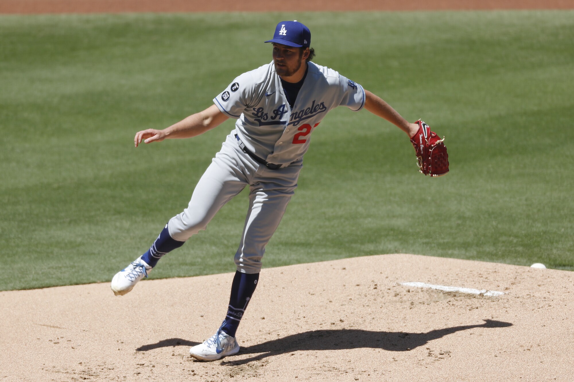 Dodgers starting pitcher Trevor Bauer throws against the San Diego Padres at Petco Park on Sunday.
