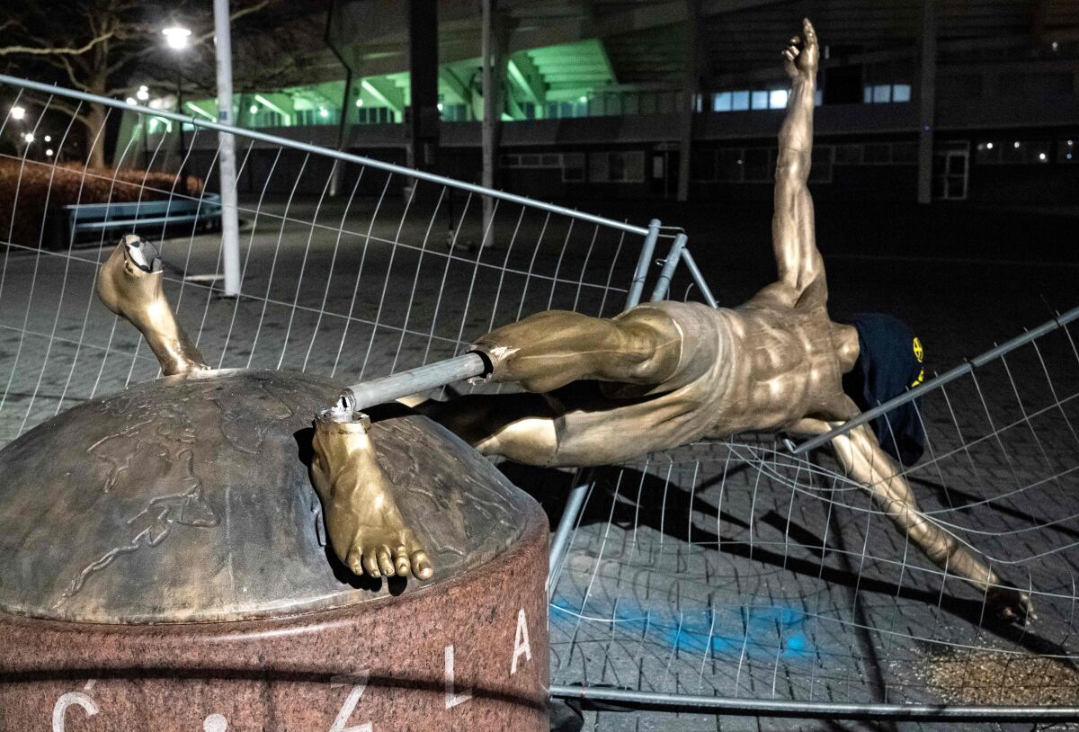 The statue of soccer star Zlatan Ibrahimovic in Malmo, Sweden.