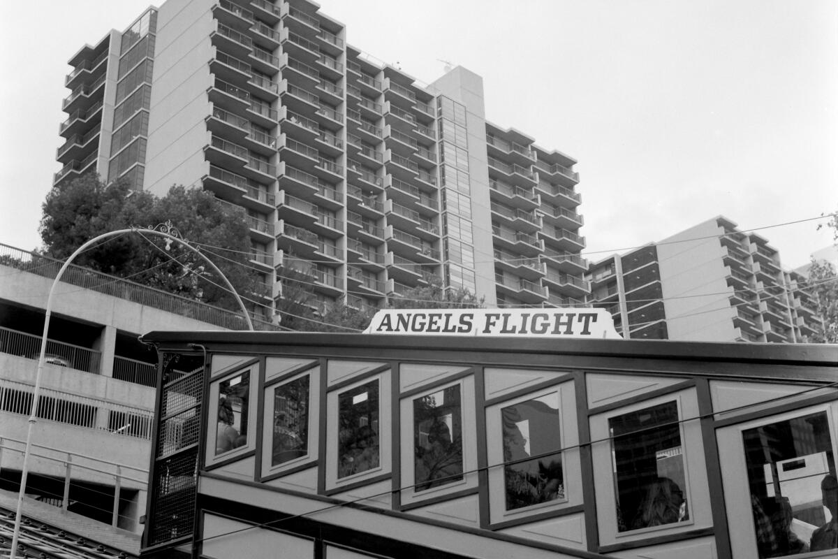 The Angels Flight funicular begins its descent into downtown Los Angeles
