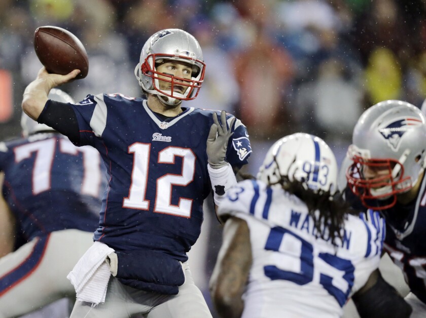 New England Patriots quarterback Tom Brady throws a pass against the Indianapolis Colts during the AFC Championship game in Foxborough, Mass., on Jan. 18.