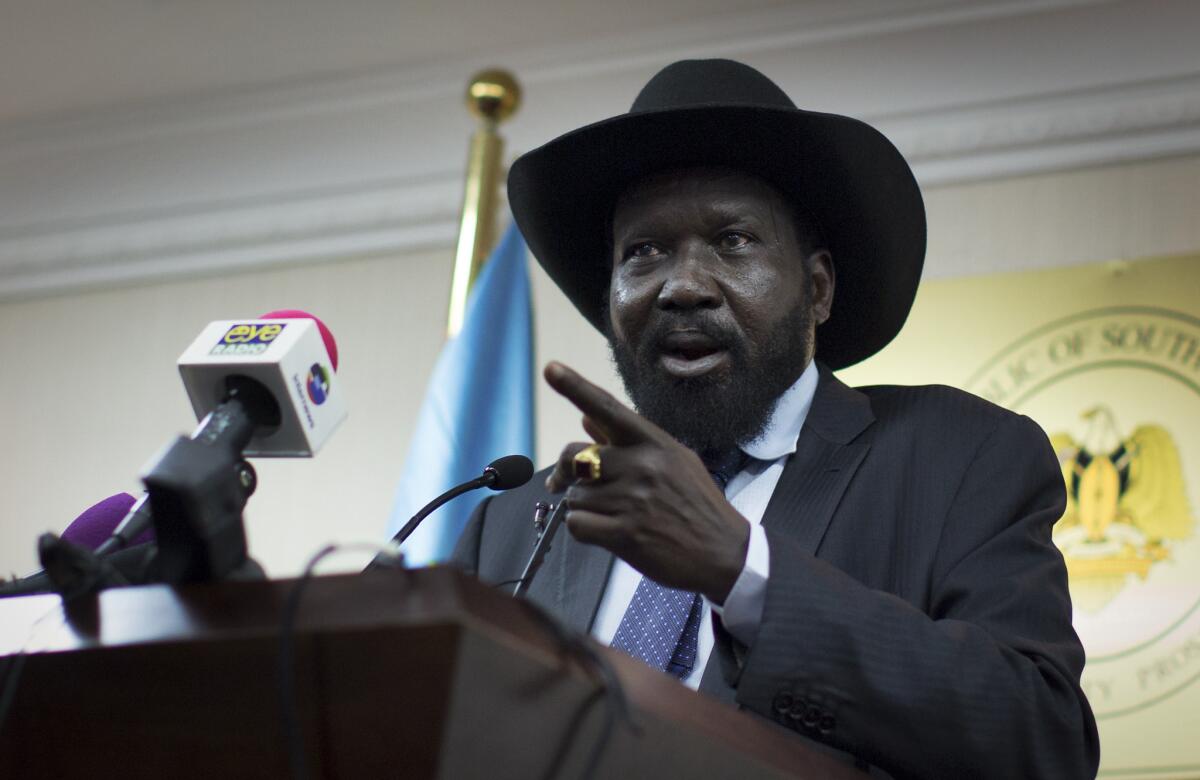 South Sudan's President Salva Kiir speaks to the media in Juba, South Sudan.